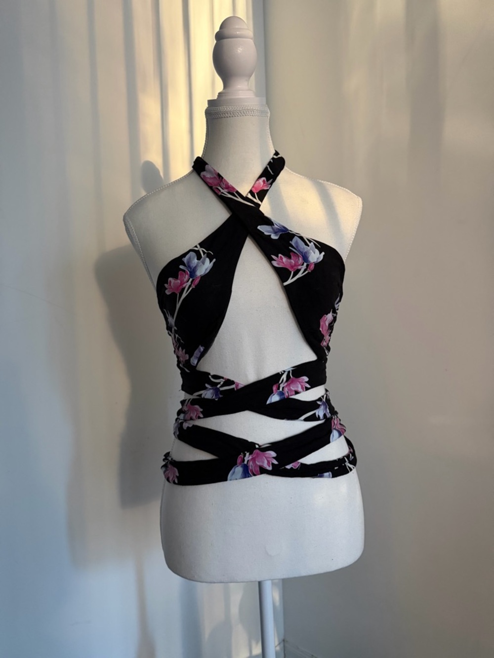 I.AM.GIA Lia Black Floral Crisscross Wrap Halter Top with Pink and Purple Blooms